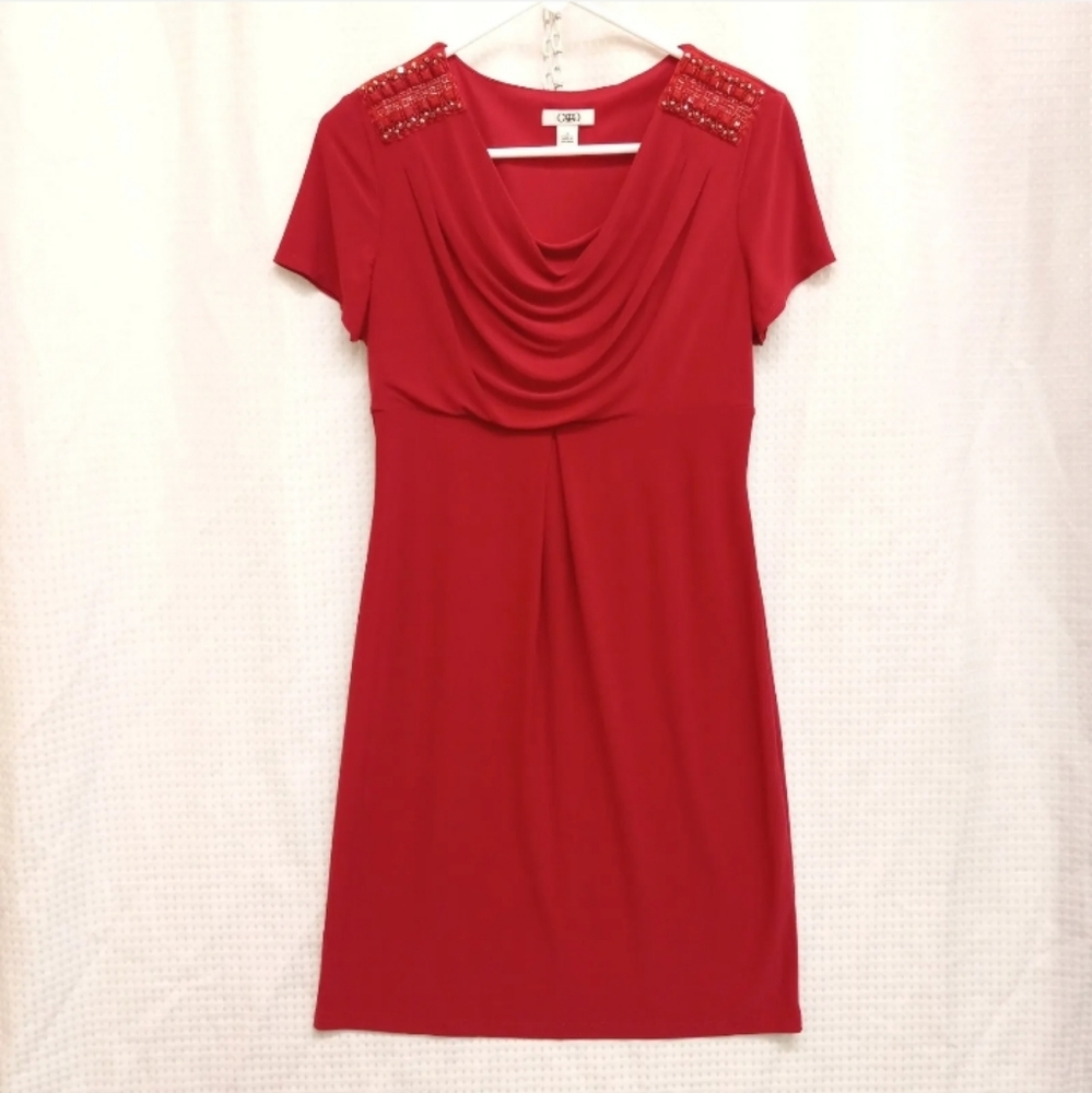 Sz Small CATO Red Stretch Straight Beaded Shoulders Cowl Neck Knee Length Dress